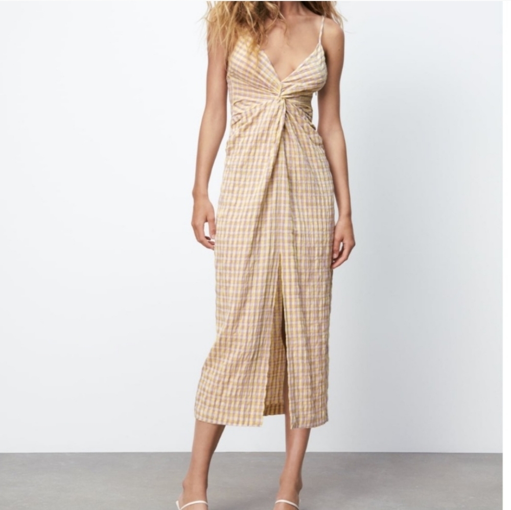 NWT Zara gingham seersucker twist front midi dress sundress cottagecore M 6 8 - Picture 10 of 13